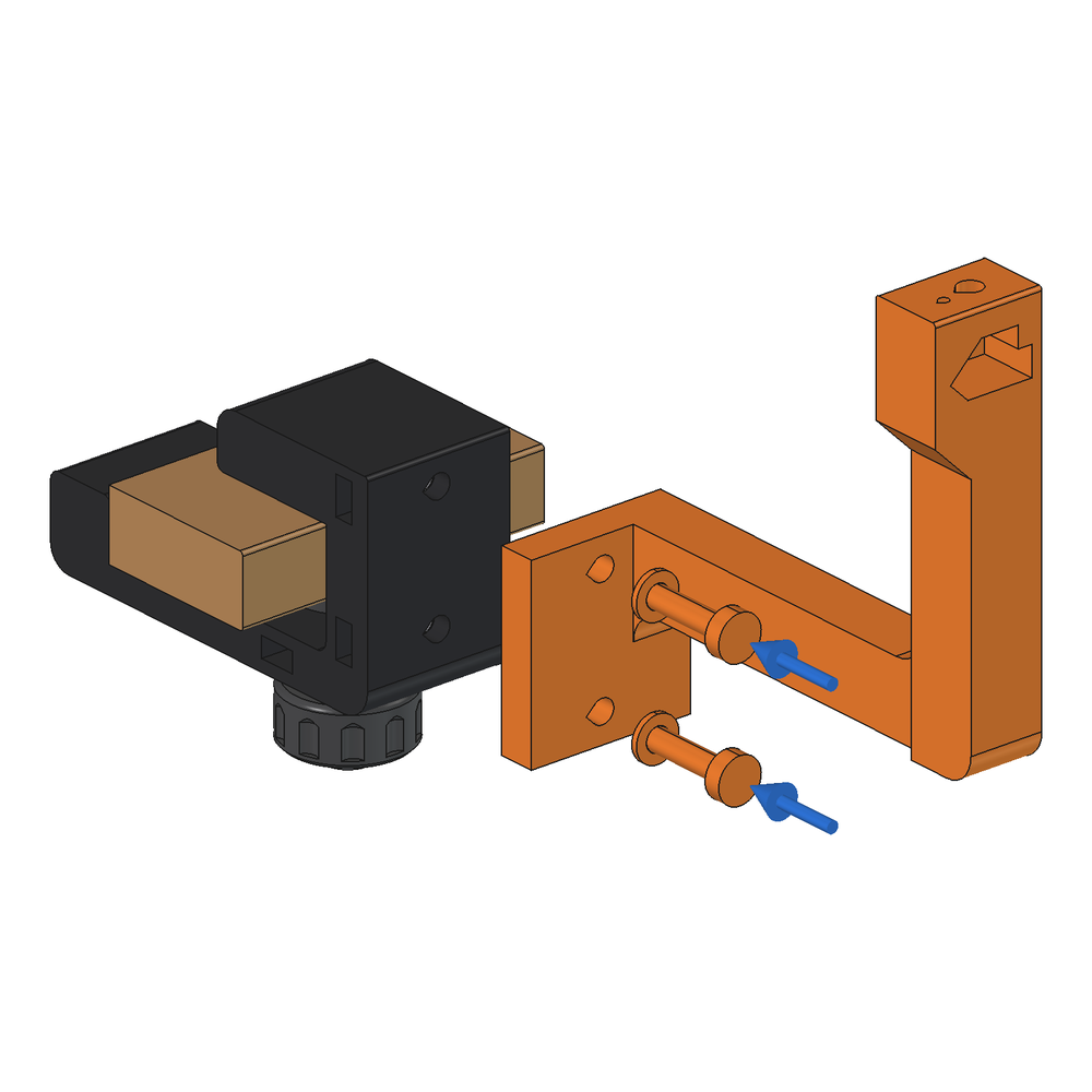 Step 3 of the guide: the arm, in orange, and its two M6 × 20 bolts go onto the clamp's spine