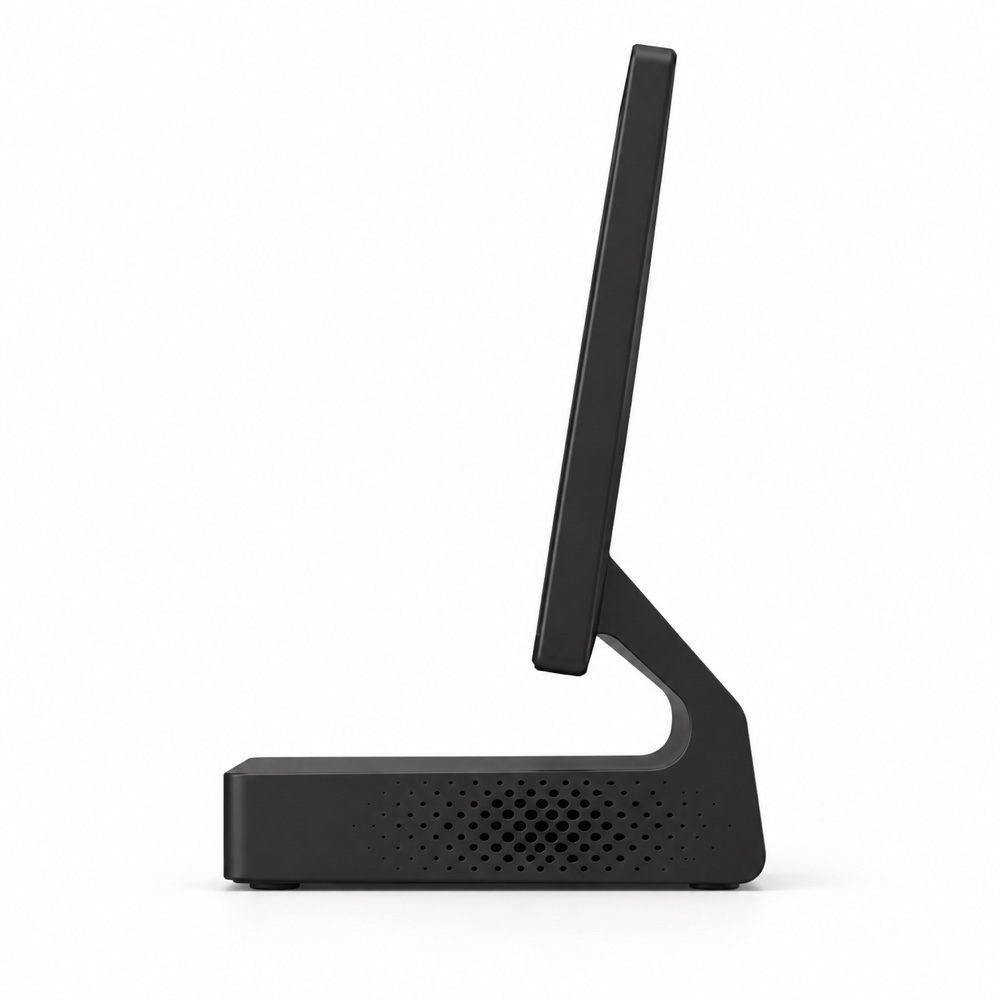 The side reference, drawn by ChatGPT: a low black base with a halftone side, an arm leaning forward from its back, the screen on its tip