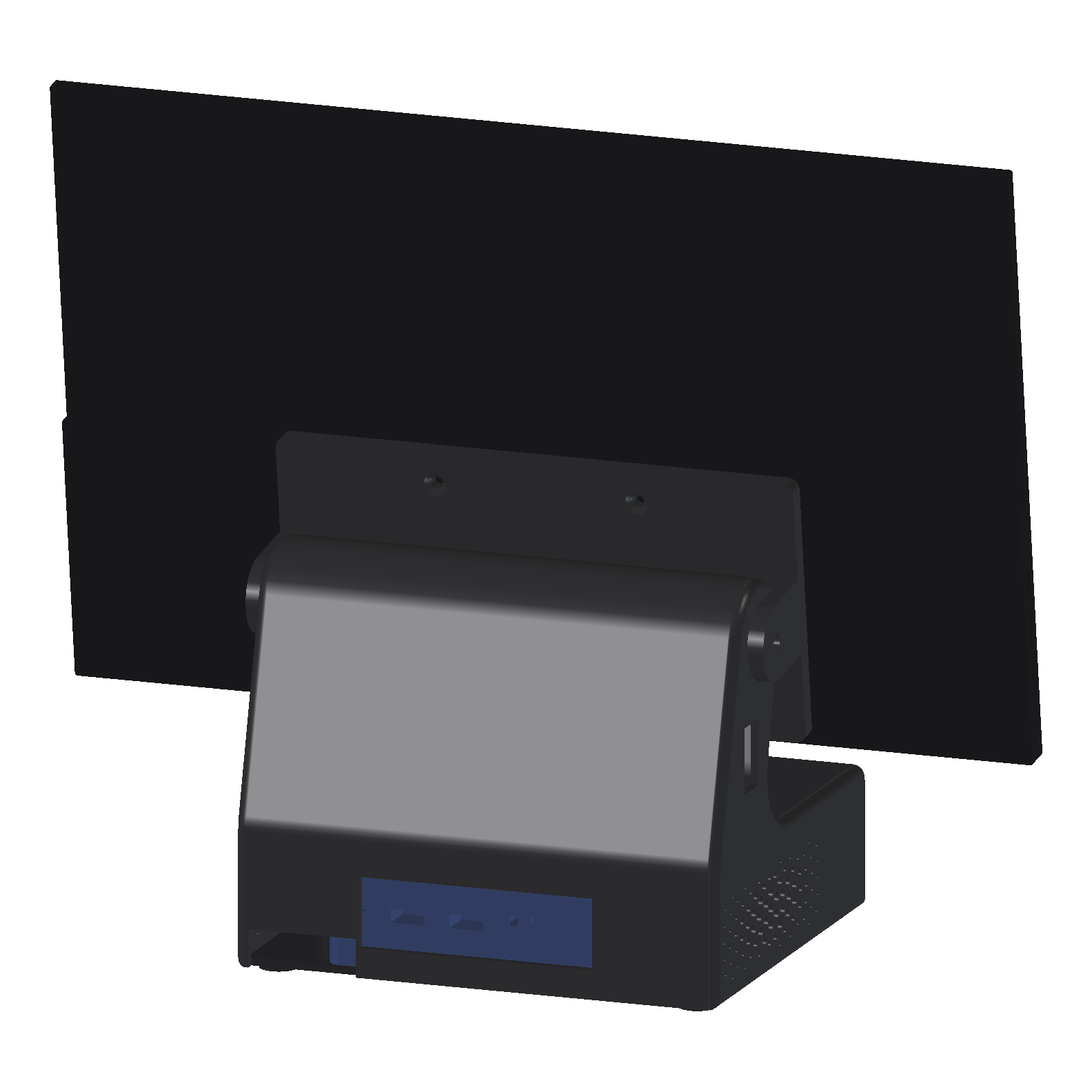 Stand v4.1 from the rear left: the PC's front panel shows through an opening in the back wall