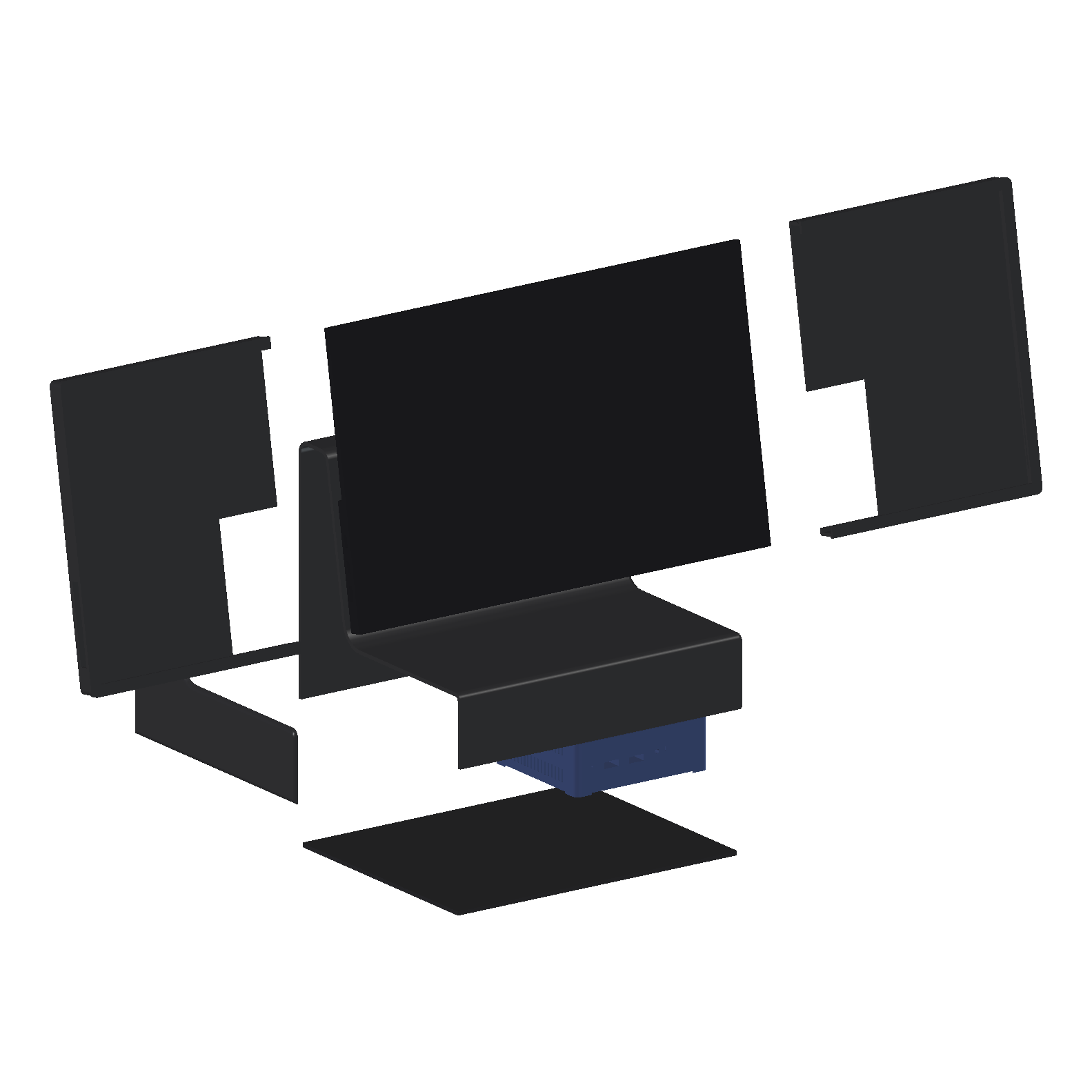 Stand v4 exploded: the left cap off, the floor and the PC down, the screen forward, the case halves out to the sides