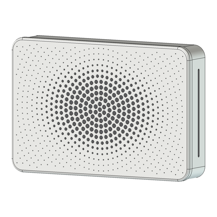 The same air filter modelled in FreeCAD: a white slab with a radial halftone of round holes