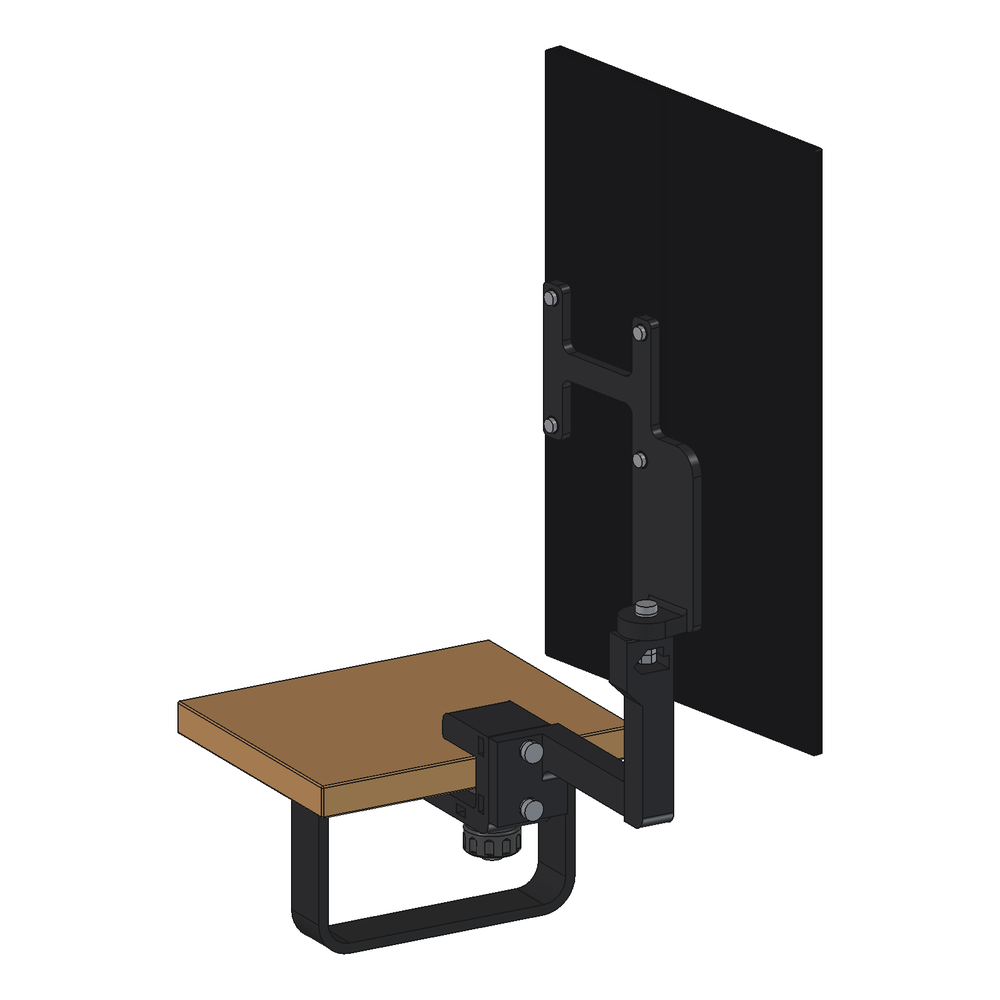 The finished mount, rendered: the clamp on the shelf's end, the arm and the screen