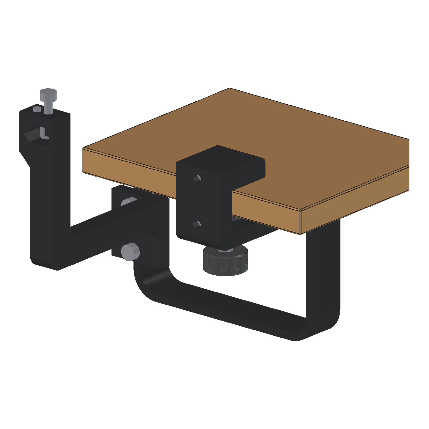 The arm drawn away from the clamp: the joint's bolts and the teardrop nut slots