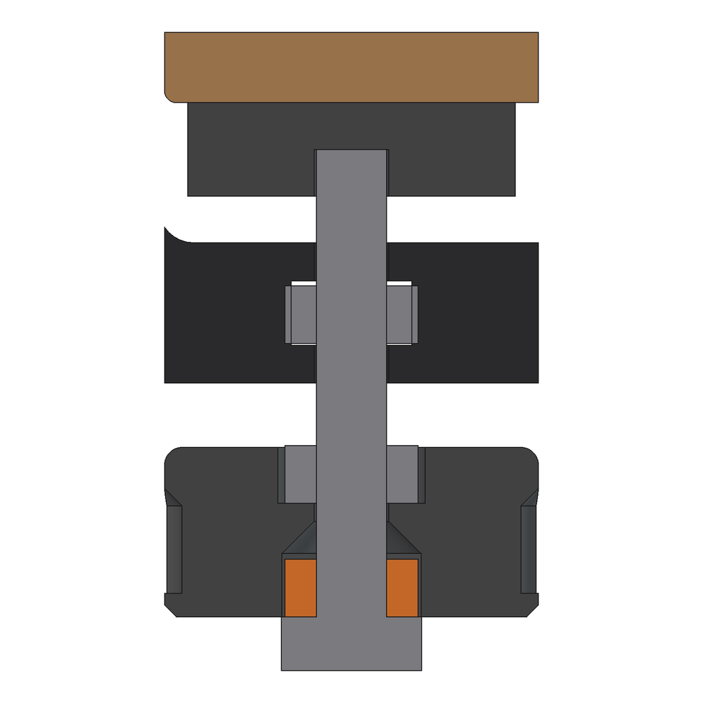 The fix, same section: the knob is upside down, the nut locked on the bolt's head (orange) sits in the hex pocket, and the holding nut is finger tight in the round pocket on top