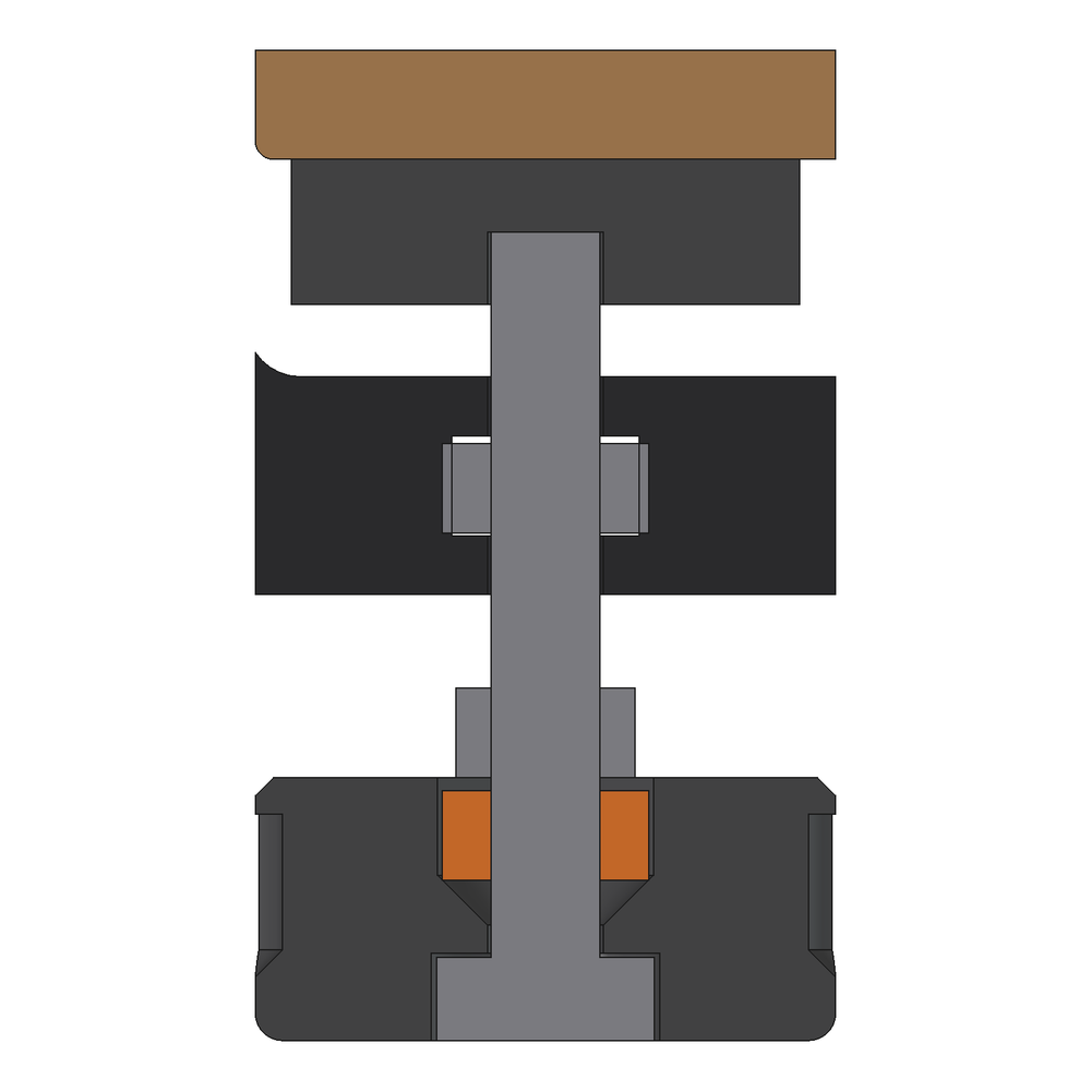 Section as built, shelf at the top: the pad, the jaw with its nut, then the knob. In the knob, from the bottom: the bolt's head in its round pocket, the thin PLA floor, the nut in the hex pocket (orange), and the jam nut sitting on the knob's face