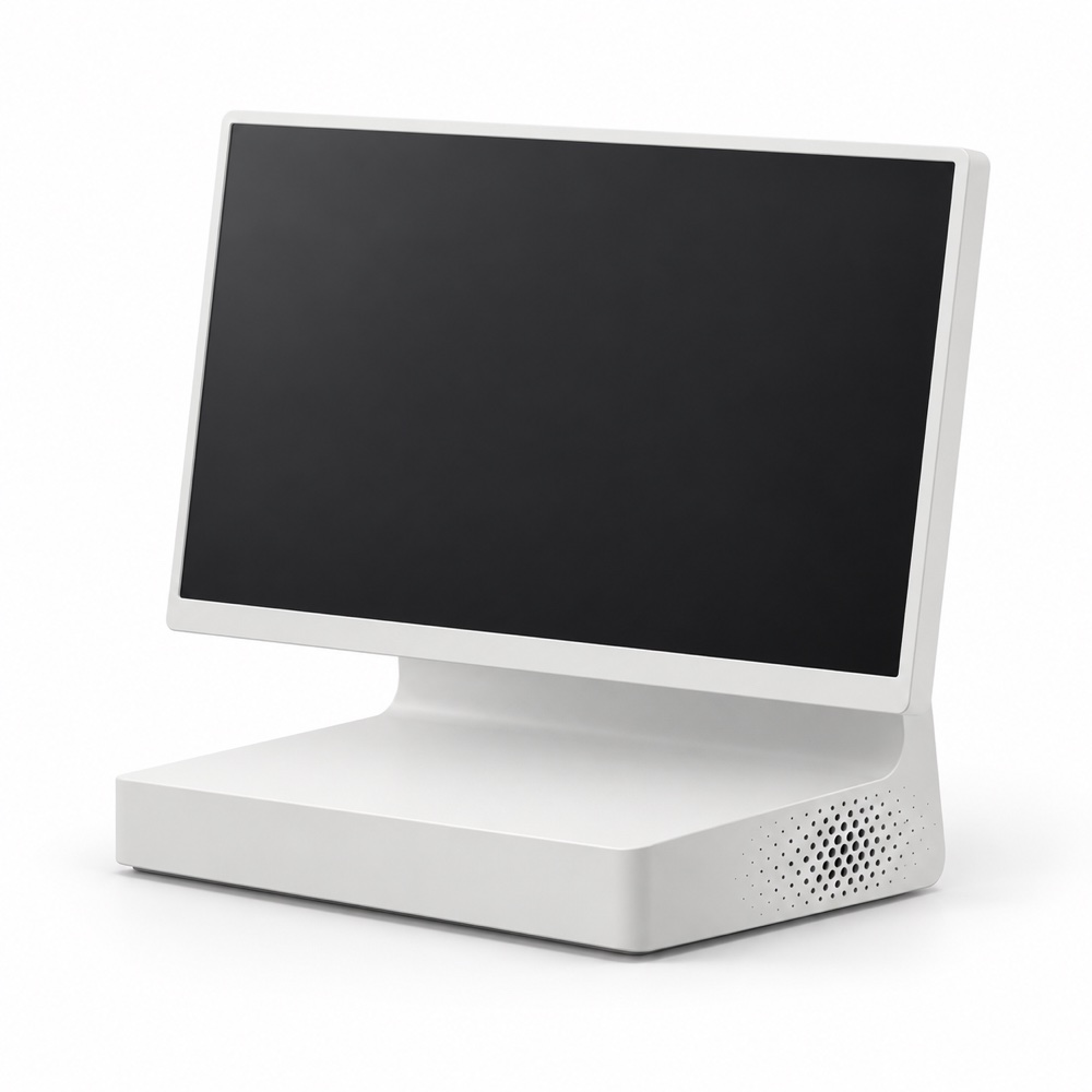 A white desk display: a low base with a perforated side, a neck rising from its back, the screen in a white frame